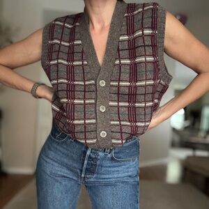 Vintage 80s McGregor Wool Blend Brown Checkered Unisex Vest - size Large (42-44)